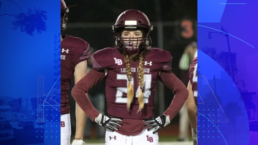 Bella Rasmussen, an 18-year-old running back and senior at Laguna Beach High School, made history with two touchdowns in one game on Oct. 14, 2022. (Annette Rasmussen)