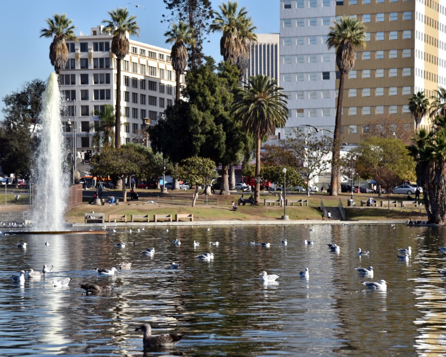 The fountain in the lake at MacArthur Park in Los Angeles (Getty)