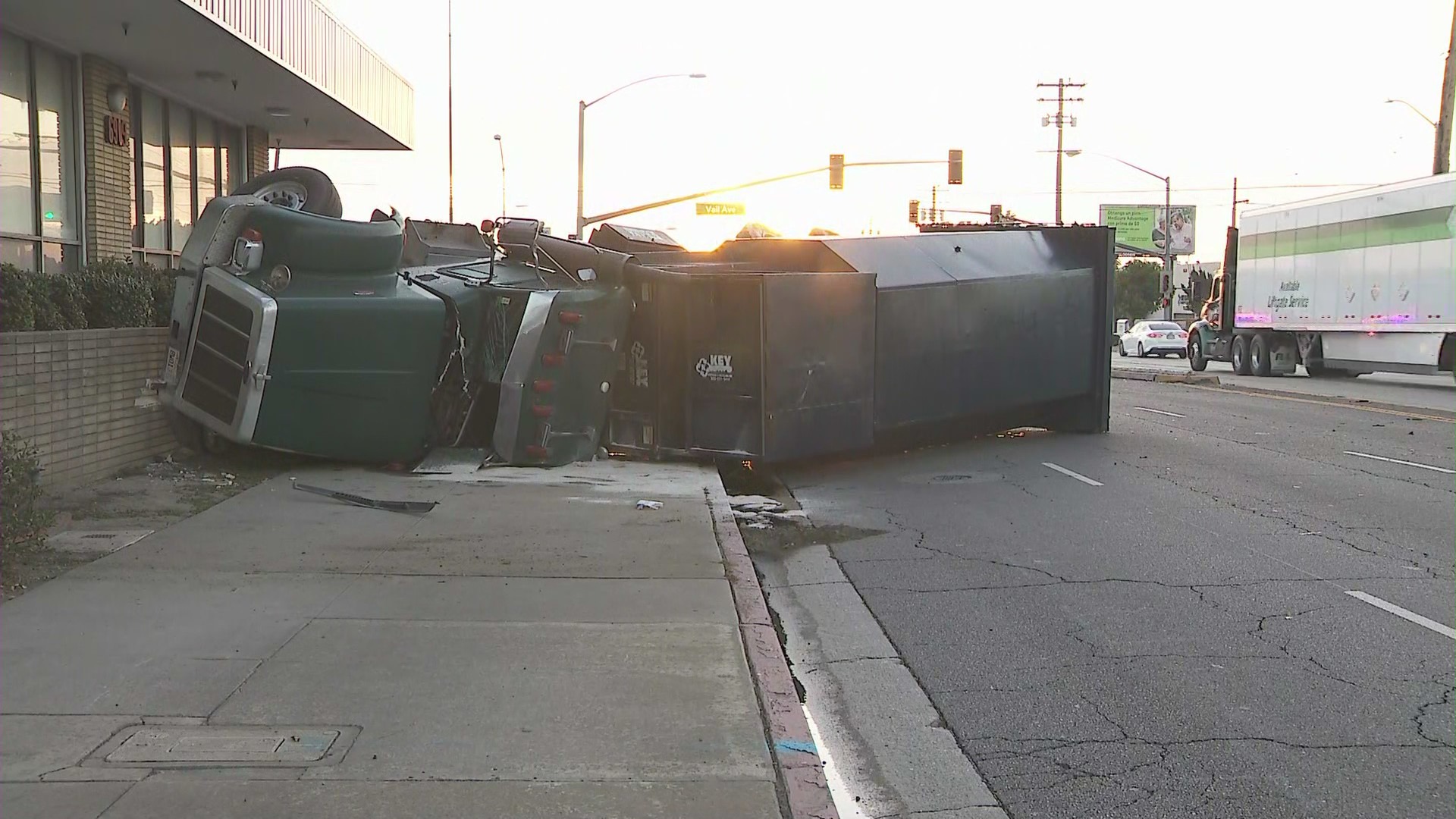 The pursuit of a reportedly stolen vehicle ended with an overturned big rig in Montebello on Dec. 7, 2022. (KTLA)