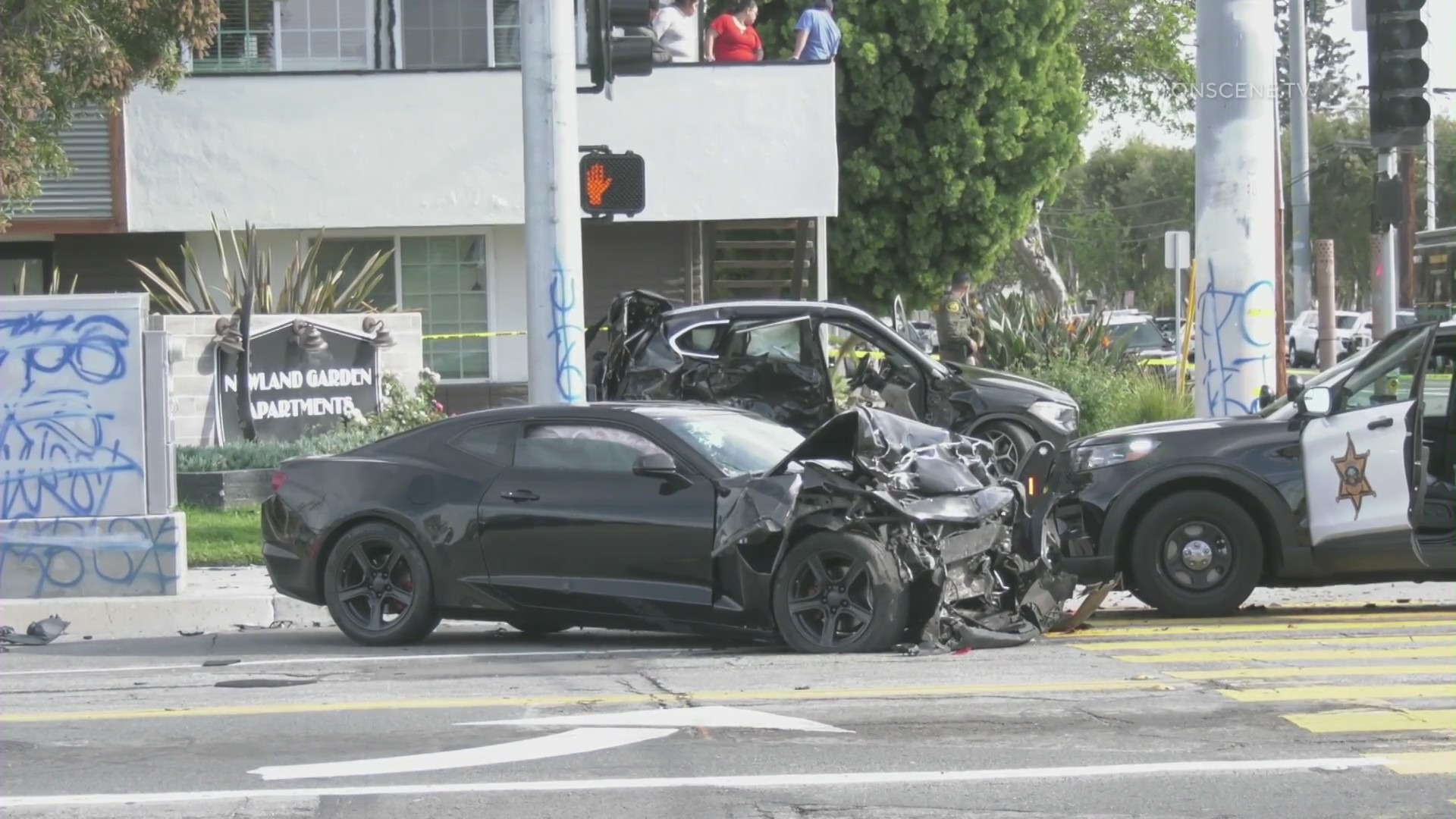 A driver in a Camaro fled police and crashed into a BMW in Westminster, killing the BMW driver on Dec. 16, 2022. (KTLA)