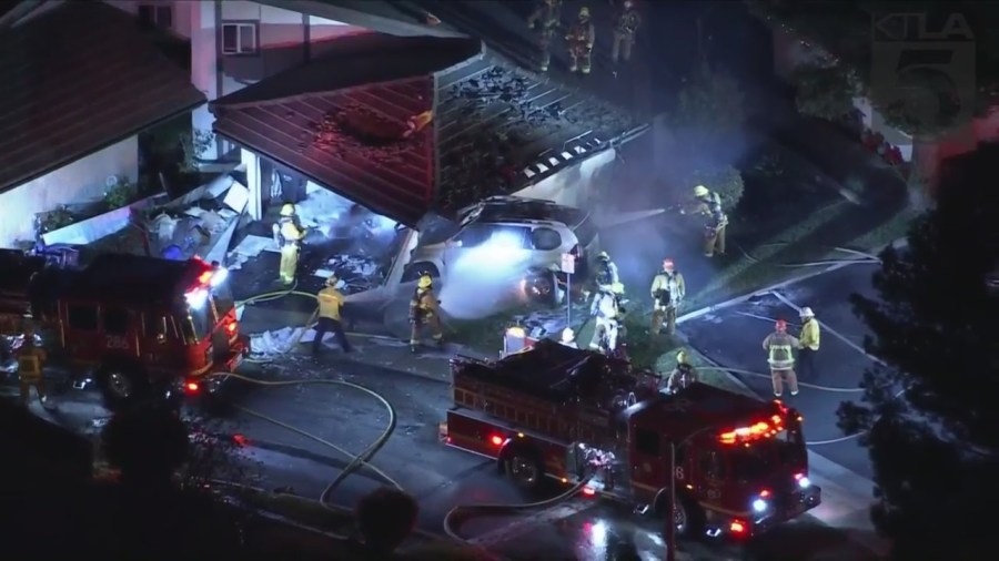 Sky5 images show the aftermath of a vehicle slamming into the garage of a Glendora home on Dec. 28, 2022.