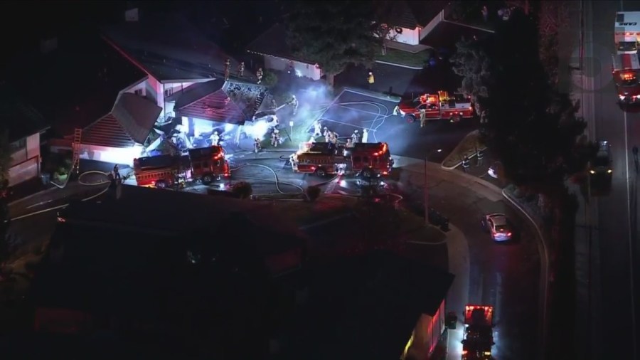 Sky5 images show the aftermath of a vehicle slamming into the garage of a Glendora home on Dec. 28, 2022.