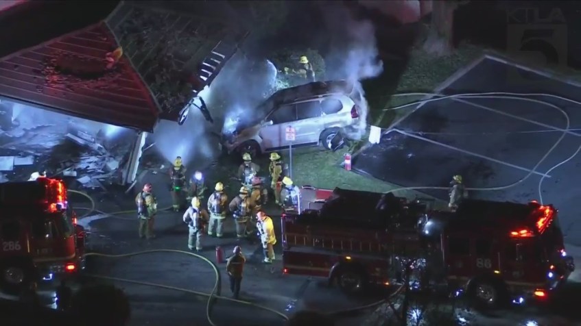 Sky5 images show the aftermath of a vehicle slamming into the garage of a Glendora home