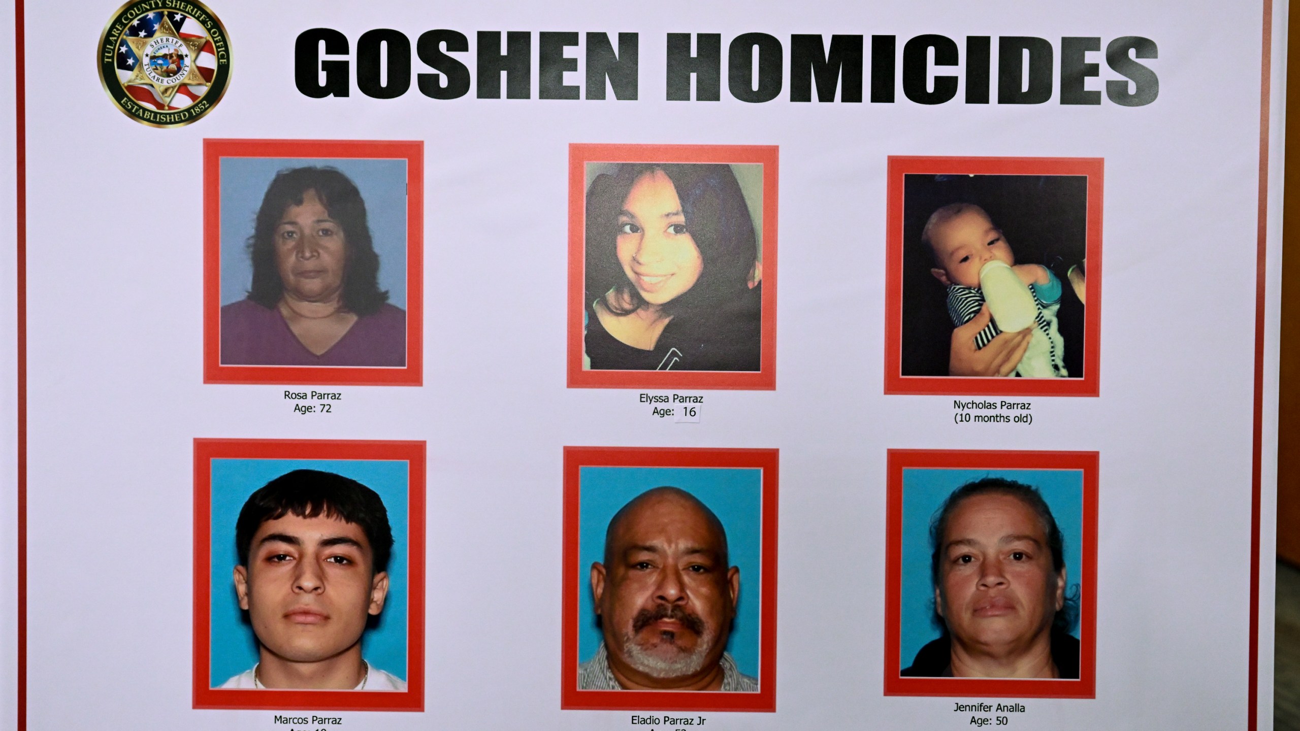 The victims of a shooting in Goshen, Calif., are displayed during a news conference on Jan. 17, 2023, in Visalia, Calif. (Ron Holman/The Times-Delta via AP)