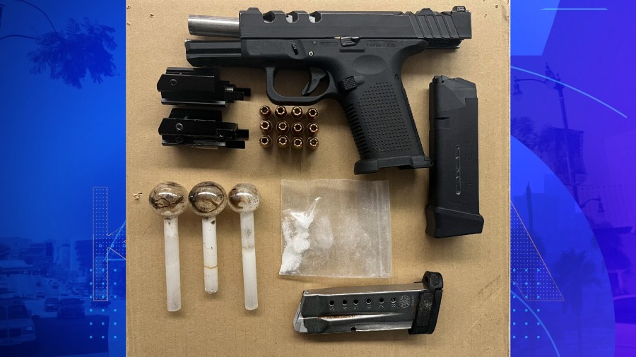 Officials say they found this gun, ammunition and narcotics in the possession of Steve Franks on Jan. 23, 2023. (San Bernardino County Sheriff's Department)