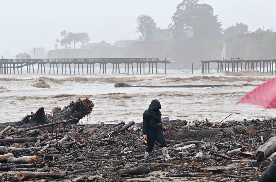 The pier at Capitola Wharf is seen split in half from Aptos, California on Jan. 9, 2023. (JOSH EDELSON/AFP via Getty Images)