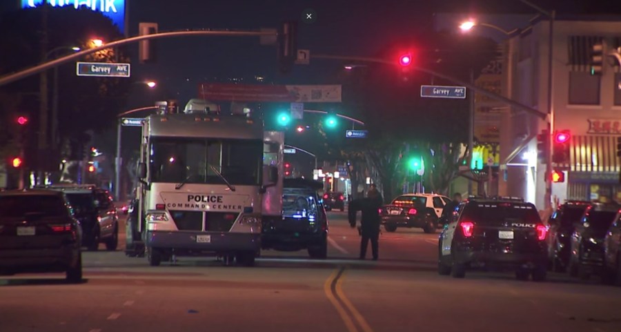 Police investigate a mass shooting in Monterey Park on Jan. 21, 2023. (KTLA)