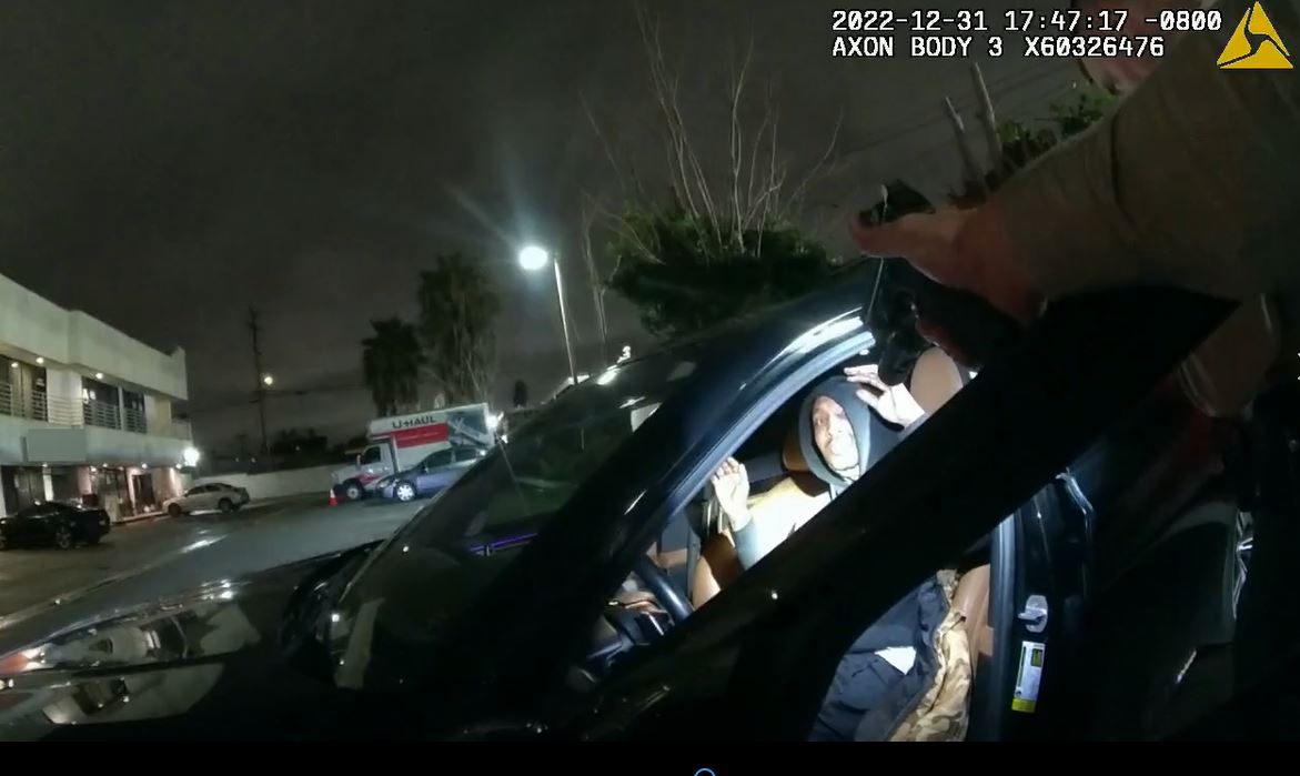 Body cam footage shows a Los Angeles County Sheriff's deputy threatening to shoot L.A.-based rapper Feezy Lebron on Dec. 31, 2022.