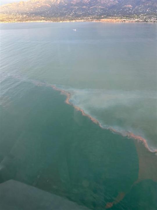 A U.S. Coast Guard provided this photo after a crew flew over an oil sheen off of Summerland Beach in Santa Barbara, California, on Jan. 7, 2023.