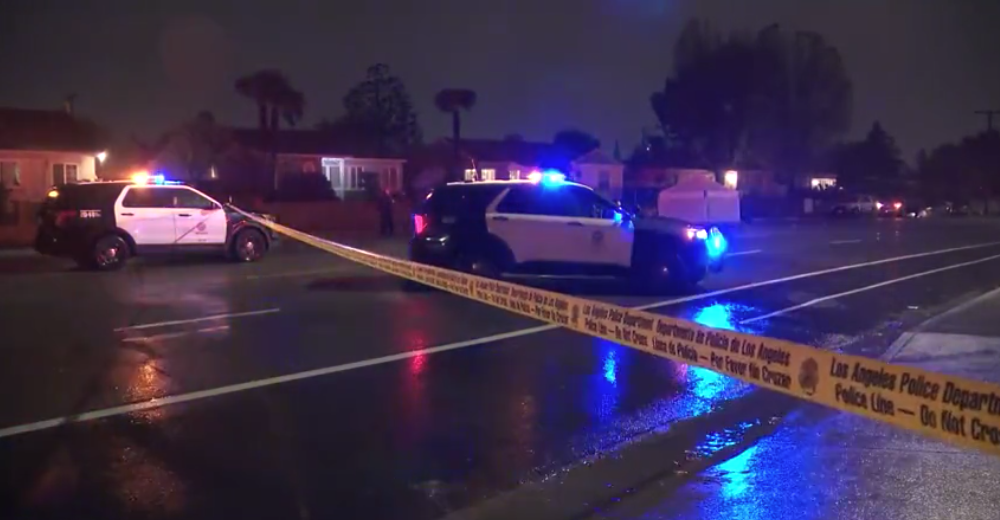 Police respond to a double fatal crash in Mission Hills on Jan. 15, 2023. (KTLA)