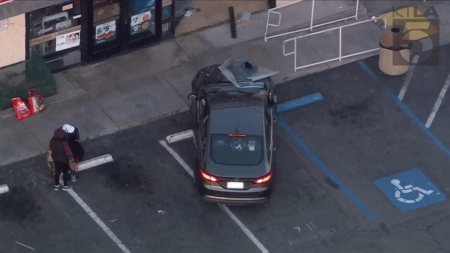 Sky5 images show the aftermath of a vehicle crashing into a 7-Eleven in Pico Rivera on Jan. 20, 2023.