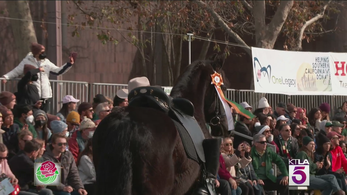 A riderless horse marches on the Rose Parade route in honor of slain Riverside County Sheriff’s Department deputy Isaiah Cordero on Jan. 2, 2023. (KTLA)