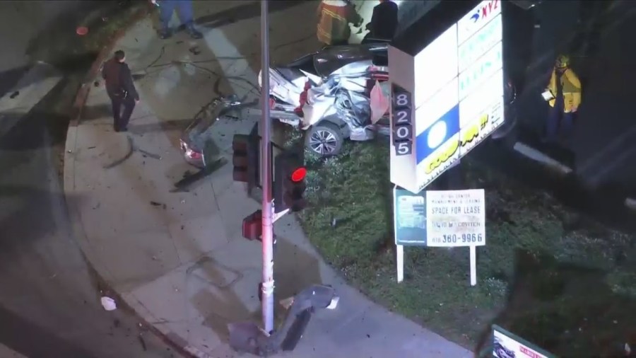 At least one person was killed after a police pursuit ended in Panorama City on Jan. 31, 2023. (KTLA)