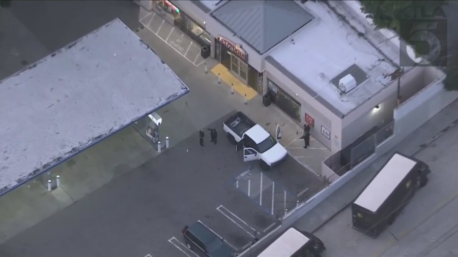 Sky5 footage shows the shooting happened outside of a West Hollywood gas station on Jan, 18, 2023. (KTLA)