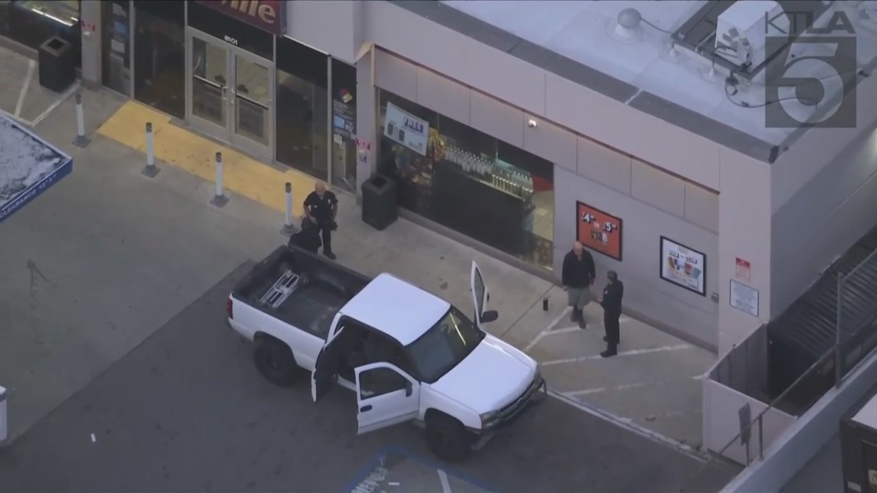 Sky5 footage shows the shooting happened outside of a West Hollywood gas station on Jan, 18, 2023. (KTLA)