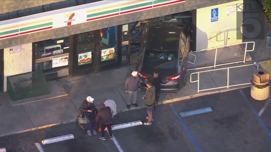 Sky5 images show the aftermath of a vehicle crashing into a 7-Eleven in Pico Rivera on Jan. 20, 2023.