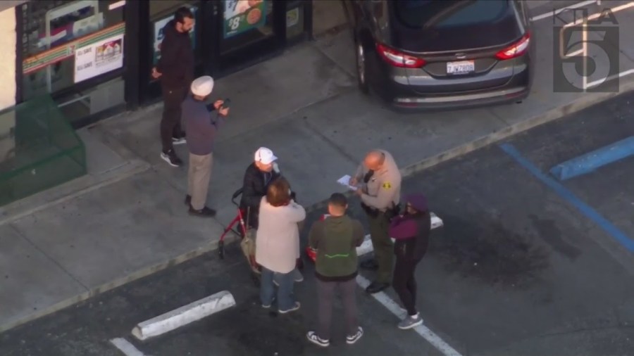 Sky5 images show the aftermath of a vehicle crashing into a 7-Eleven in Pico Rivera on Jan. 20, 2023.