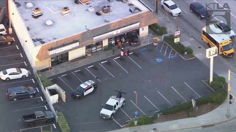 Sky5 images show the aftermath of a vehicle crashing into a 7-Eleven in Pico Rivera on Jan. 20, 2023.