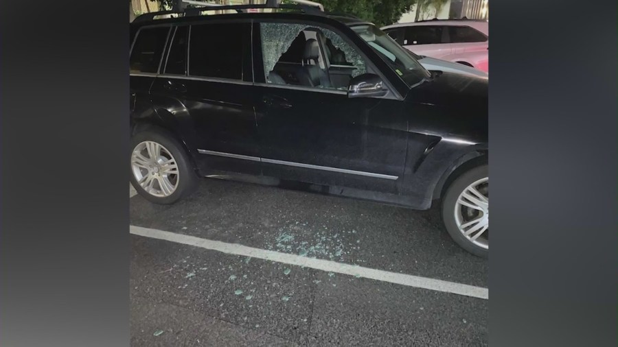 The aftermath of Catherine's car after thieves smashed her windows in Rowland Heights.