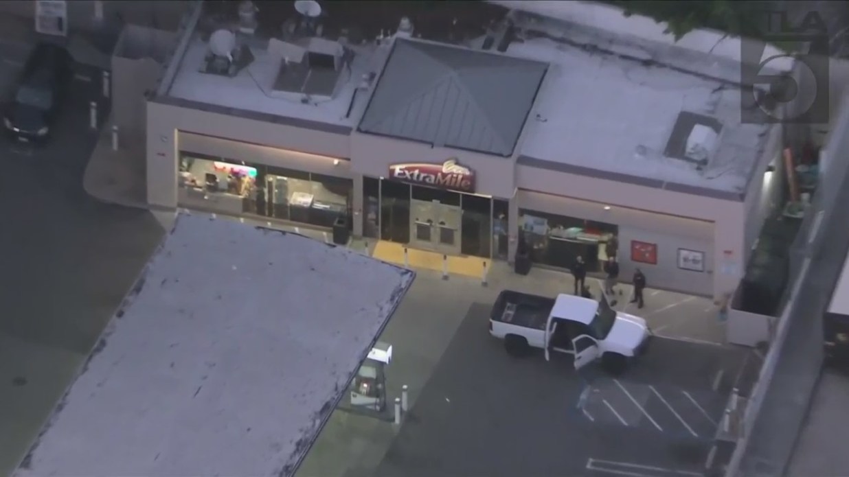 Sky5 footage shows the shooting happened outside of a West Hollywood gas station on Jan, 18, 2023. (KTLA)