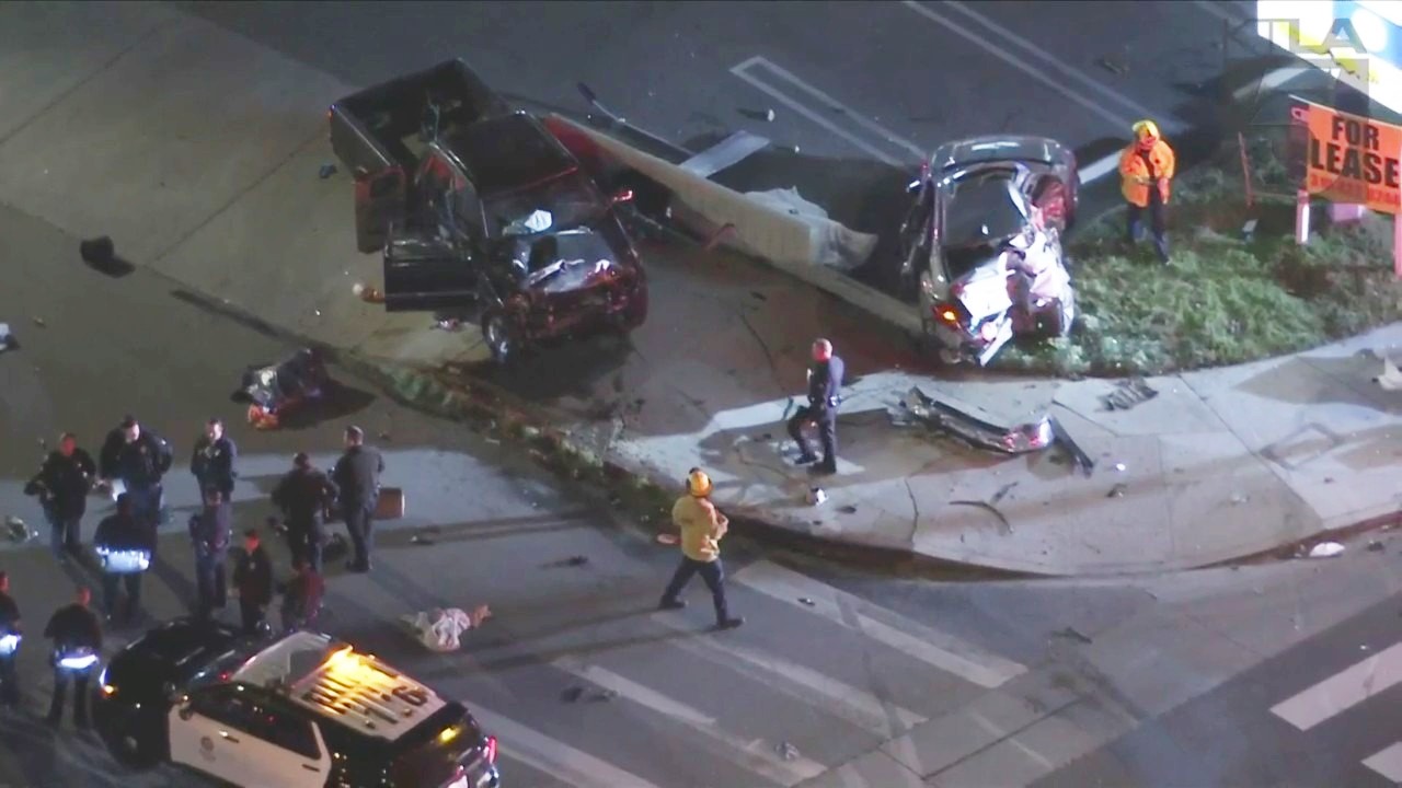 At least one person was killed after a police pursuit ended in Panorama City on Jan. 31, 2023. (KTLA)