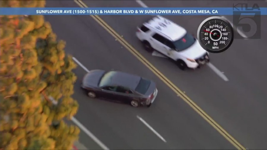 Successful pit maneuver disables suspect's car in Costa Mesa on Jan. 26, 2023. (KTLA)