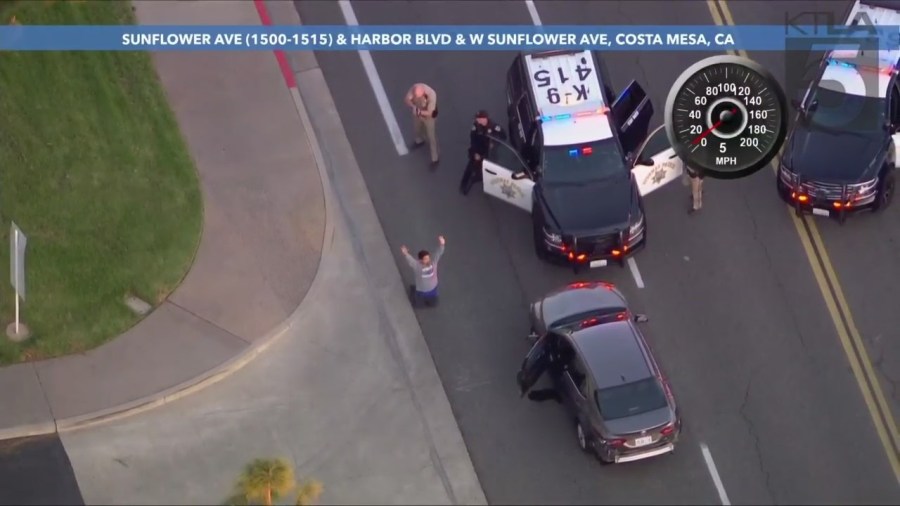 Suspect surrenders after erratic, high-speed pursuit in Costa Mesa on Jan. 26 2023. (KTLA)