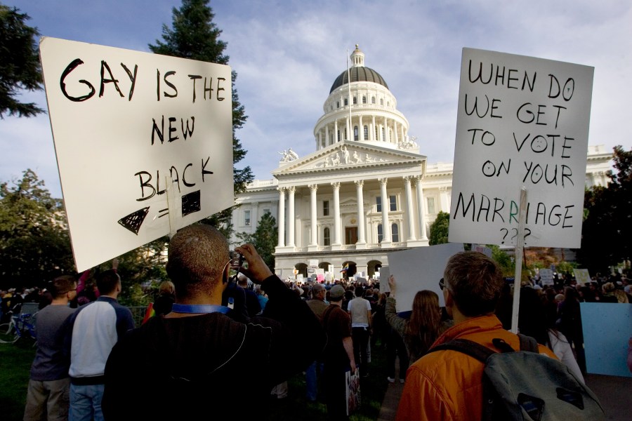 Protesters gather on the west steps of the state Capitol in Sacramento on Nov. 22, 2008 to protest the passage of Proposition 8. (Robert Durell/Associated Press)