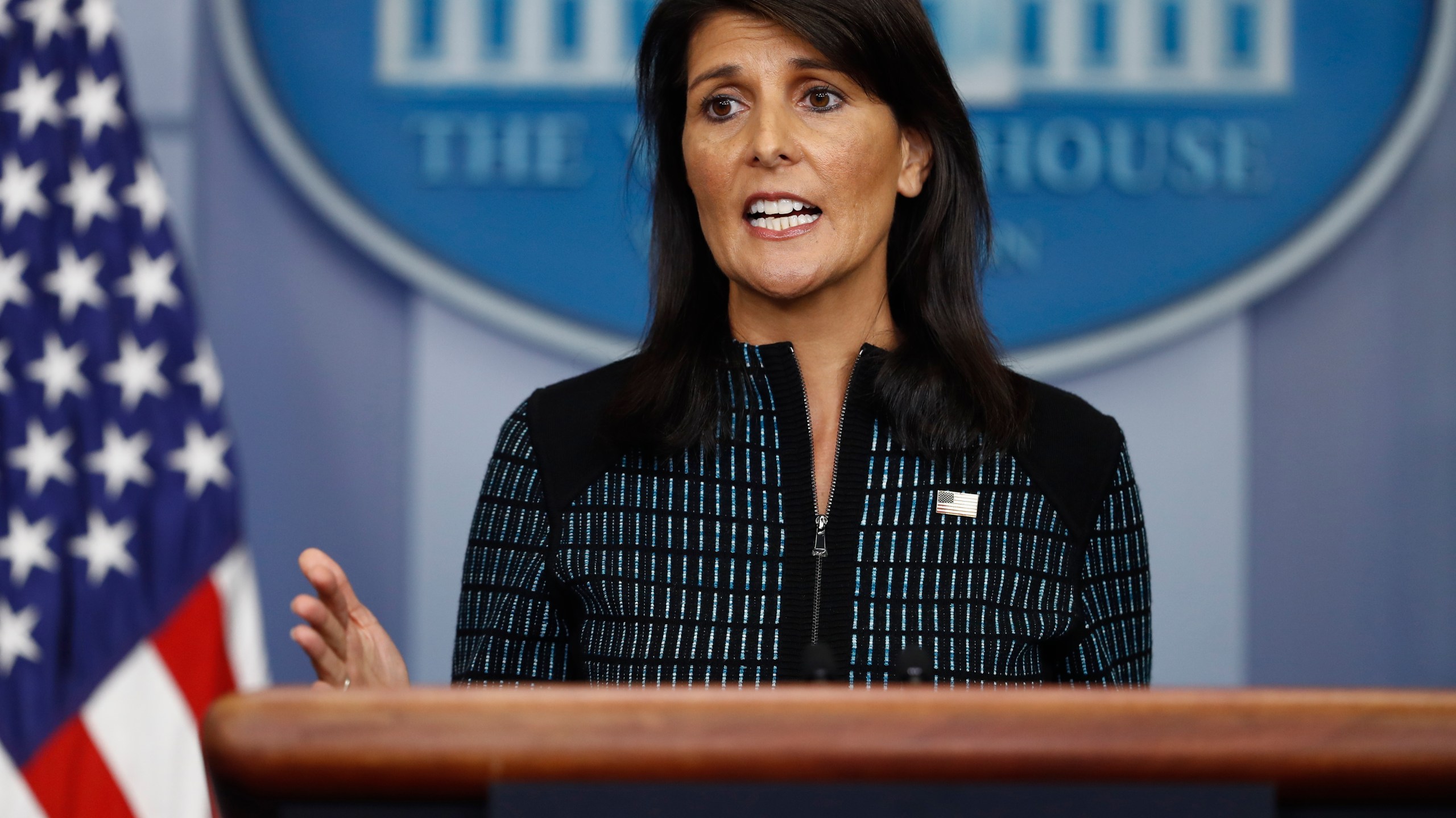 U.S. Ambassador to the United Nations Nikki Haley speaks during a news briefing at the White House, in Washington, Sept. 15, 2017. (Carolyn Kaster/Associated Press)