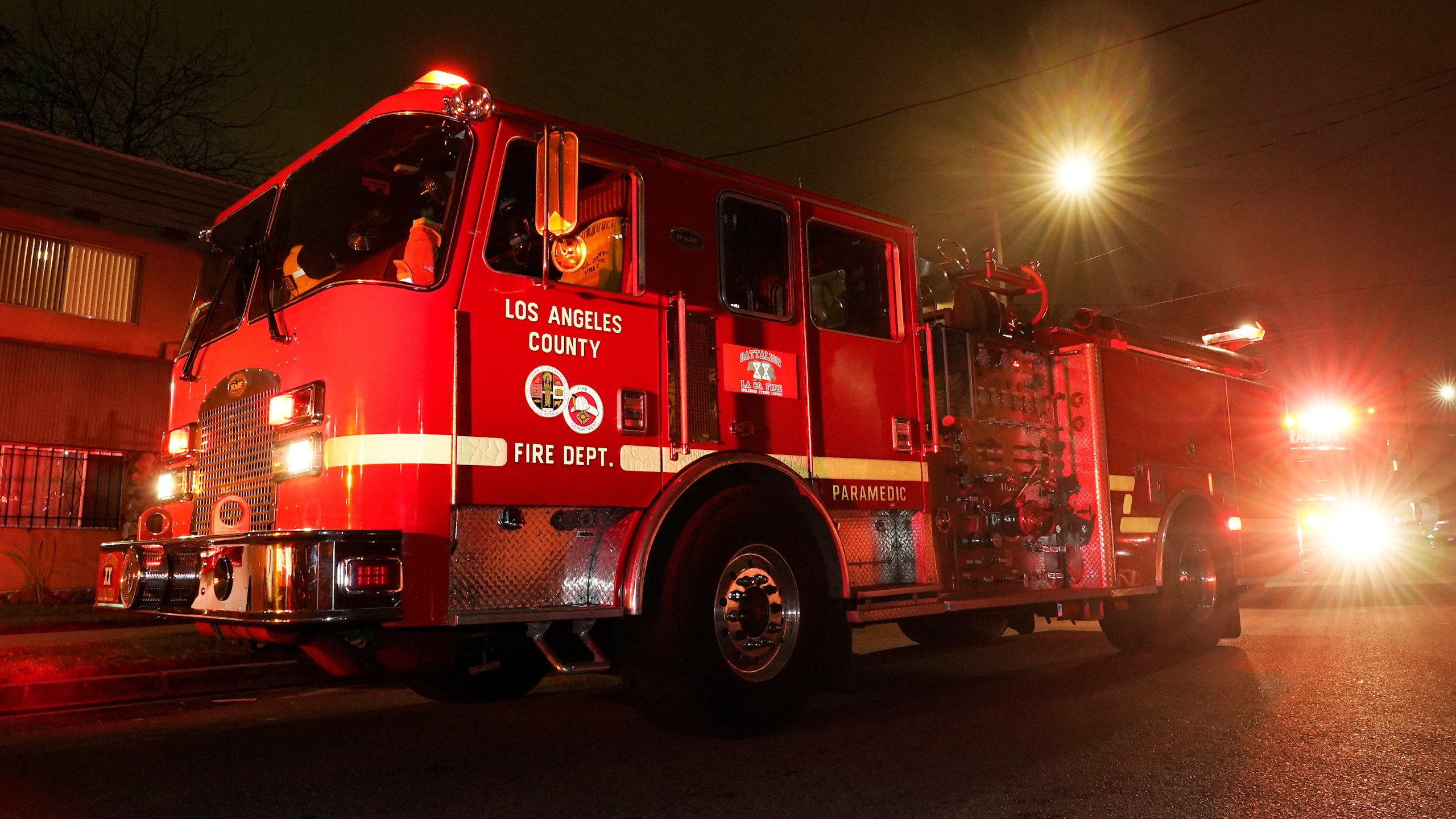 Los Angeles County Fire Department vehicles sit at a medical call Friday, Jan. 7, 2022, in Inglewood, Calif. (AP Photo/Mark J. Terrill)