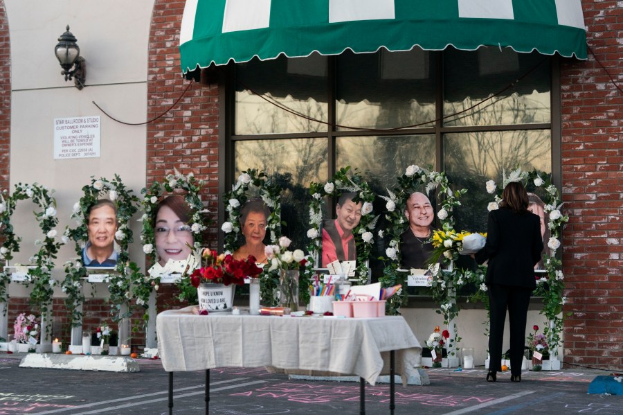 Vice President Kamala Harris visits a memorial set up outside Star Dance Studio in Monterey Park on Jan. 25, 2023, to honor the victims killed a mass shooting. ( Jae C. Hong/Associated Press)