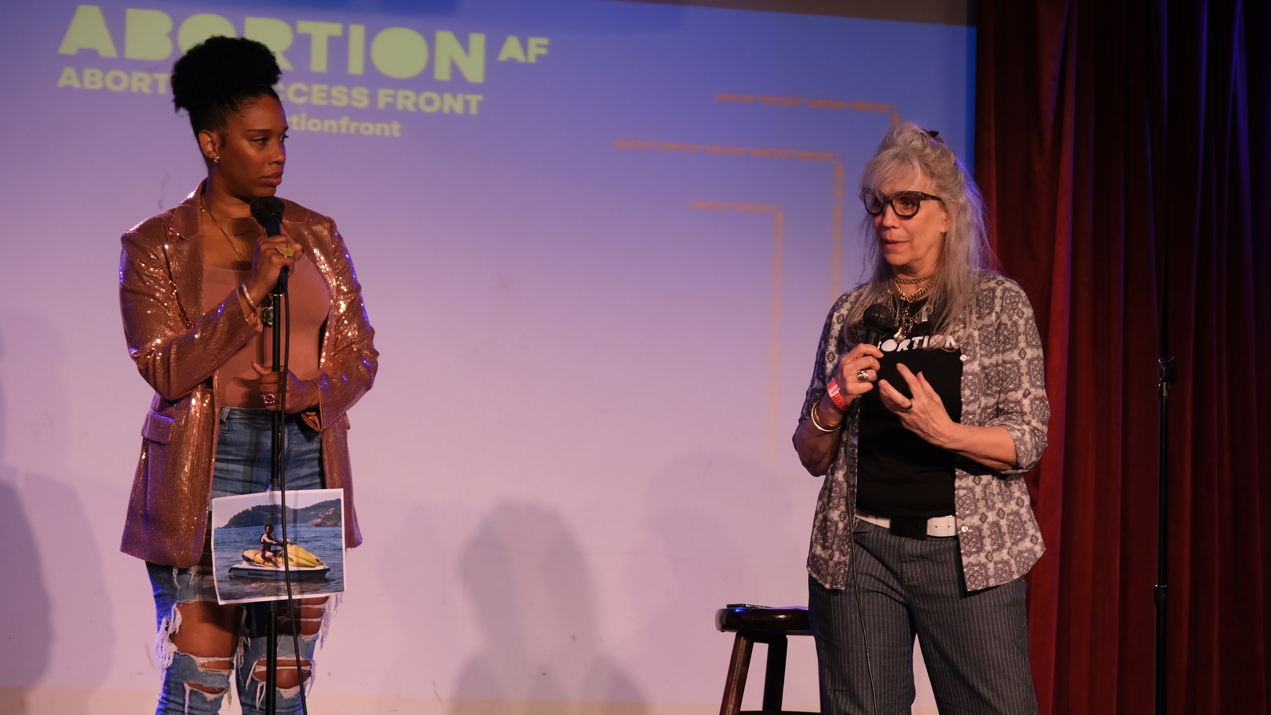 Lizz Winstead, right, and Joyelle Nicole Johnson addressed the crowd at "Bro v. Wade" in Brooklyn on May 22, 2022. (Abortion Access Front)