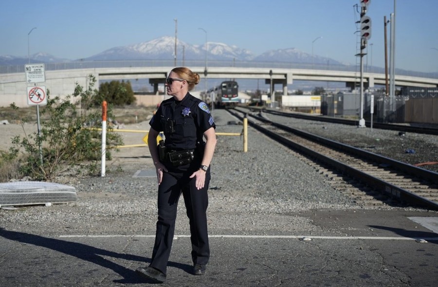 Aftermath of a crash involving a Metrolink train and a pickup truck in San Bernardino on Feb. 8, 2023. (San Bernardino Police)