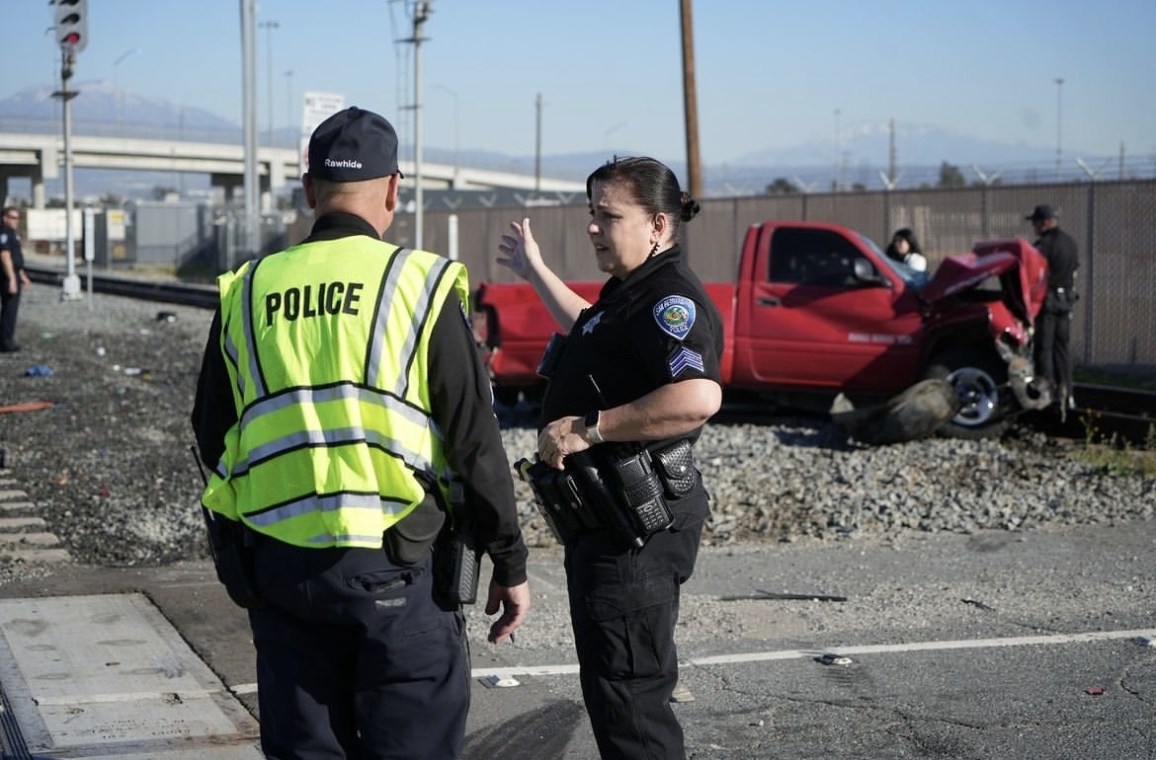 Aftermath of a crash involving a Metrolink train and a pickup truck in San Bernardino on Feb. 8, 2023. (San Bernardino Police)