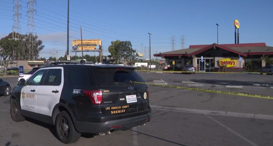 One person was shot at a Bellflower Denny's on Feb. 21, 2023. (KTLA)