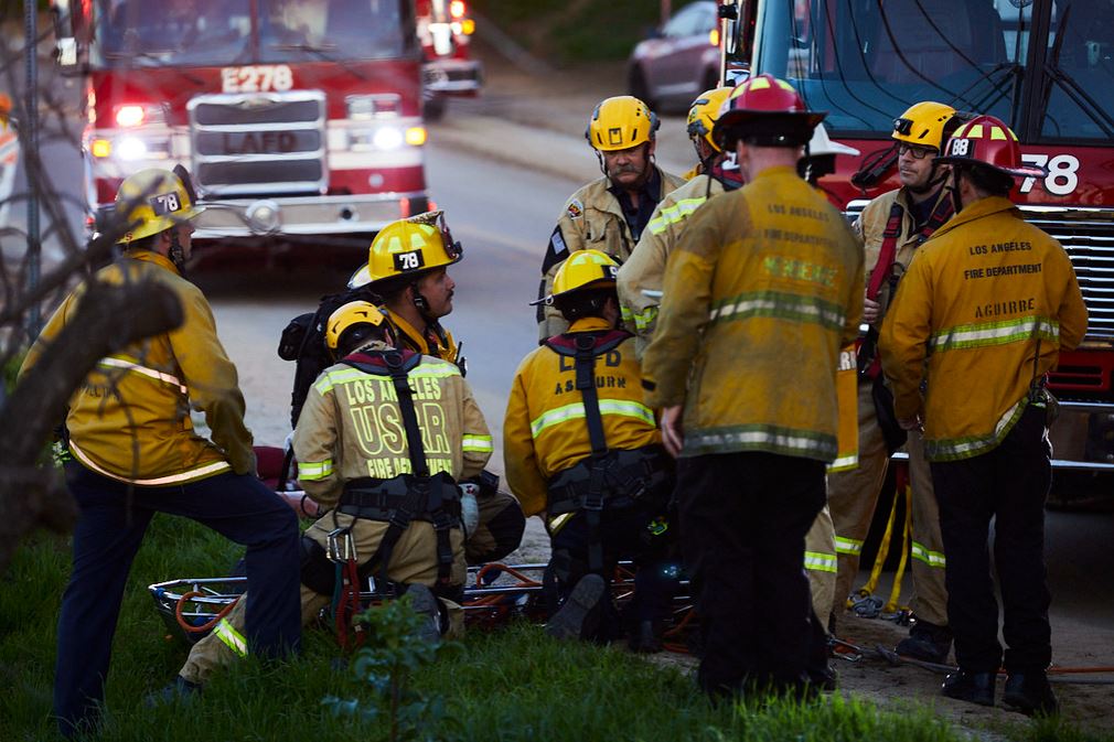 Rescue efforts after a woman drove off an embankment in Beverly Crest on Feb. 4, 2023. (LAFD)