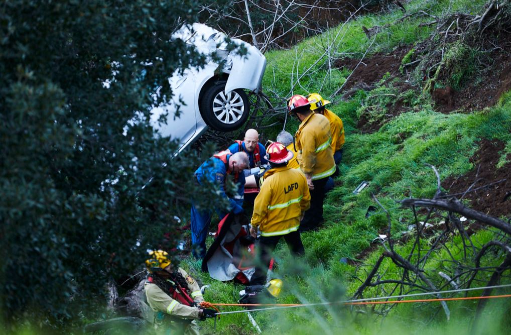 Rescue efforts after a woman drove off an embankment in Beverly Crest on Feb. 4, 2023. (LAFD)