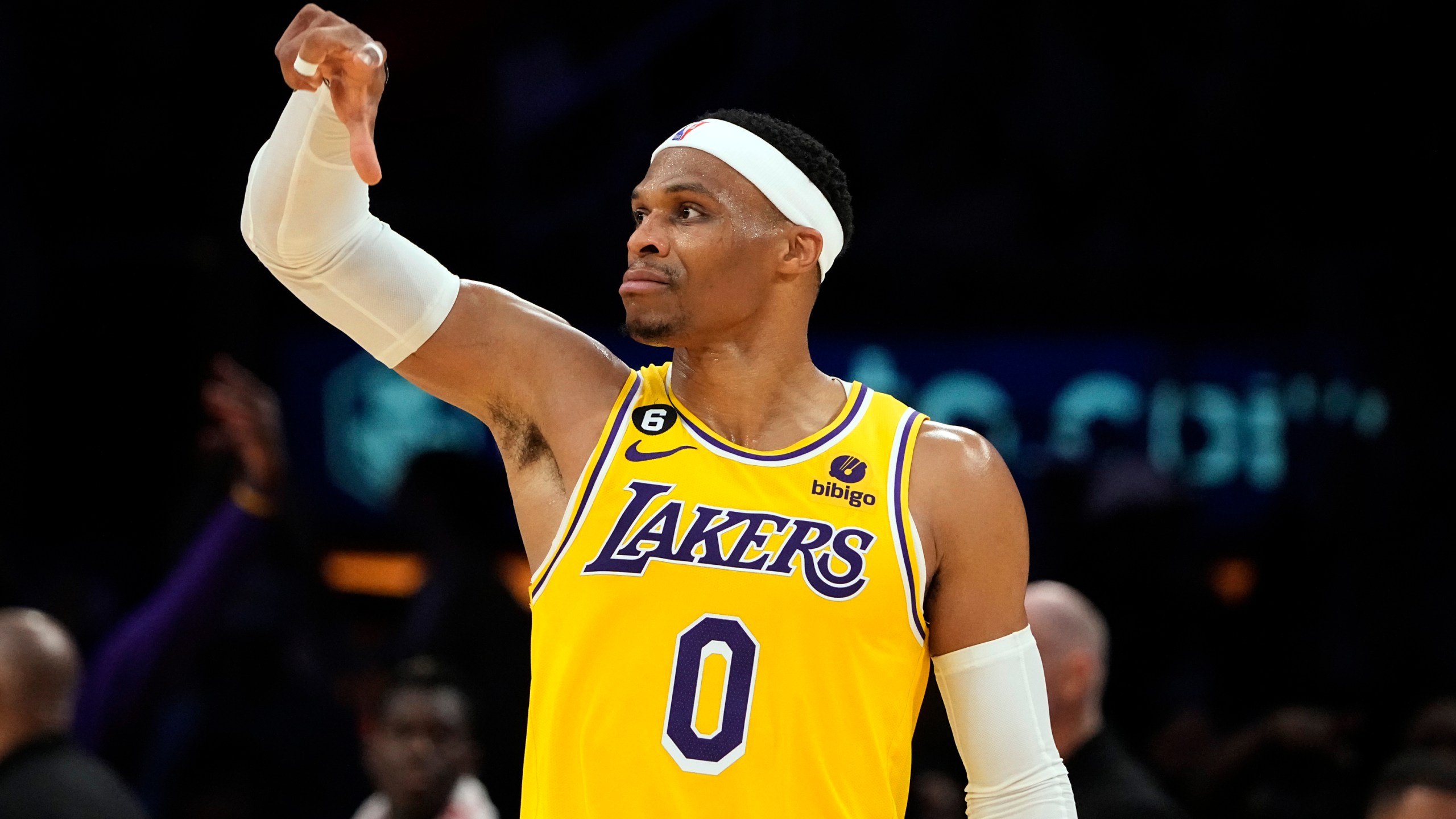 Russell Westbrook #0 of the Los Angeles Lakers celebrates after scoring a three-point basket during the second half against Portland Trail Blazers at Crypto.com Arena on November 30, 2022 in Los Angeles, California.(Photo by Kevork Djansezian/Getty Images)