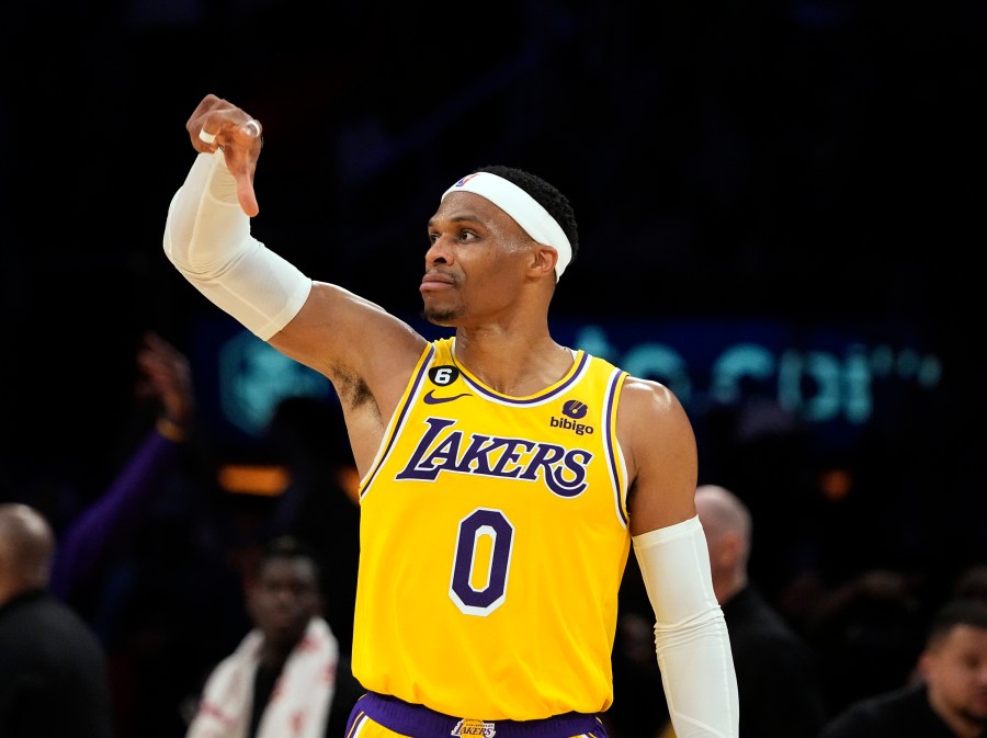 Russell Westbrook #0 of the Los Angeles Lakers celebrates after scoring a three-point basket during the second half against Portland Trail Blazers at Crypto.com Arena on November 30, 2022 in Los Angeles, California.(Photo by Kevork Djansezian/Getty Images)