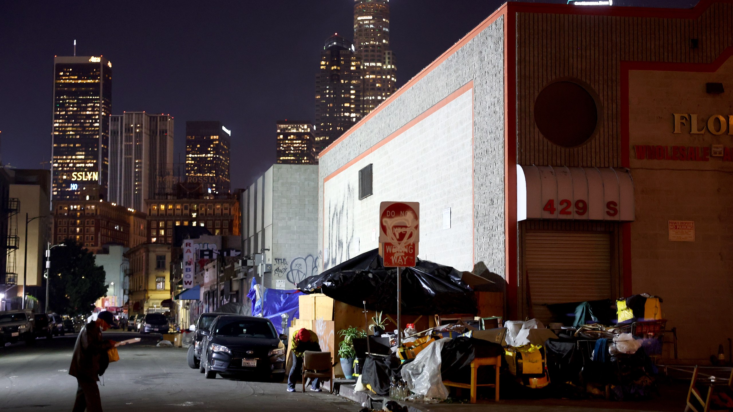 A homeless encampment lines a sidewalk in Los Angeles in this file image. (Mario Tama/Getty Images)