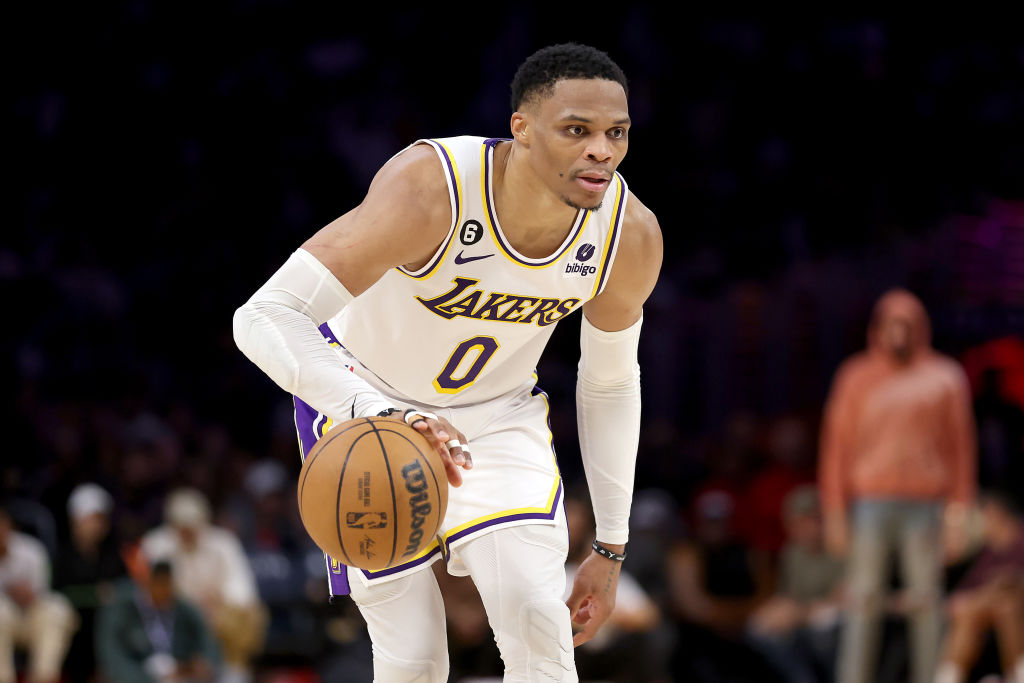 Russell Westbrook #0 of the Los Angeles Lakers dribbles the ball during the second half of a game against the Philadelphia 76ers at Crypto.com Arena on January 15, 2023 in Los Angeles, California. (Photo by Sean M. Haffey/Getty Images)