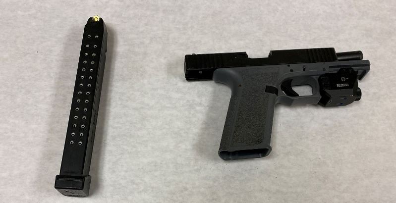 The Riverside County Sheriff's Office provided this photo of an unserialized pistol they claim to have found in a backyard during a robbery investigation on Feb. 23, 2023.