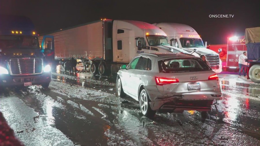 Snow in Yucaipa caused a 20-car pileup on Feb. 22, 2023. (OnScene.TV)