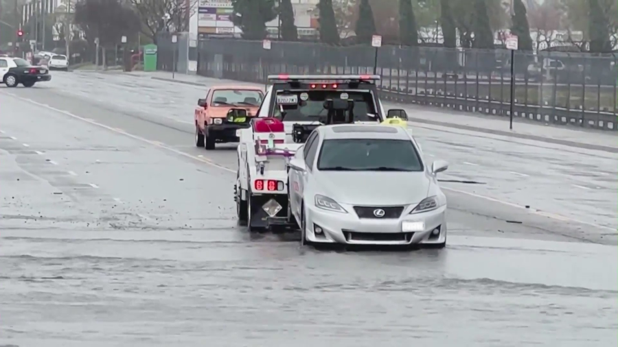 Streets flooded from a historic storm pummeling SoCal this weekend. (KTLA)