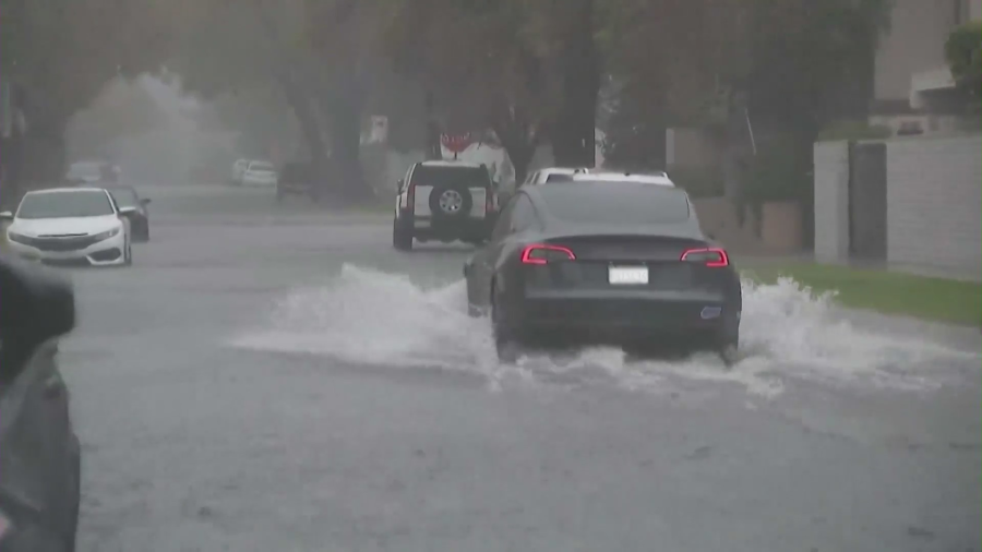 Streets flooded from a historic storm pummeling SoCal this weekend. (KTLA)