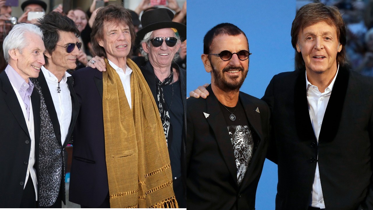 Rolling Stones (L) and Beatles' Ringo Starr and Paul McCartney (R).