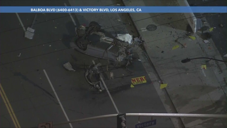 Chavez's vehicle after a speeding Corvette crashed into her car in Lake Balboa on Feb. 8, 2023. (KTLA)