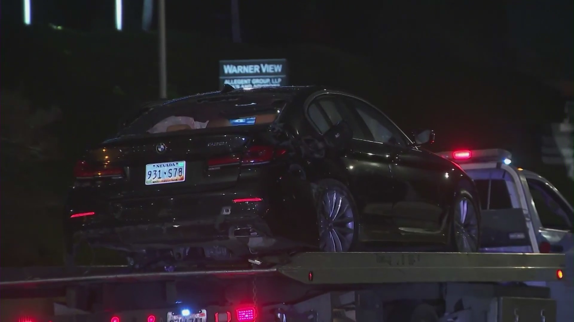 Six people were hospitalized after a three-vehicle crash in Woodland Hills on Feb. 11, 2023. (KTLA)