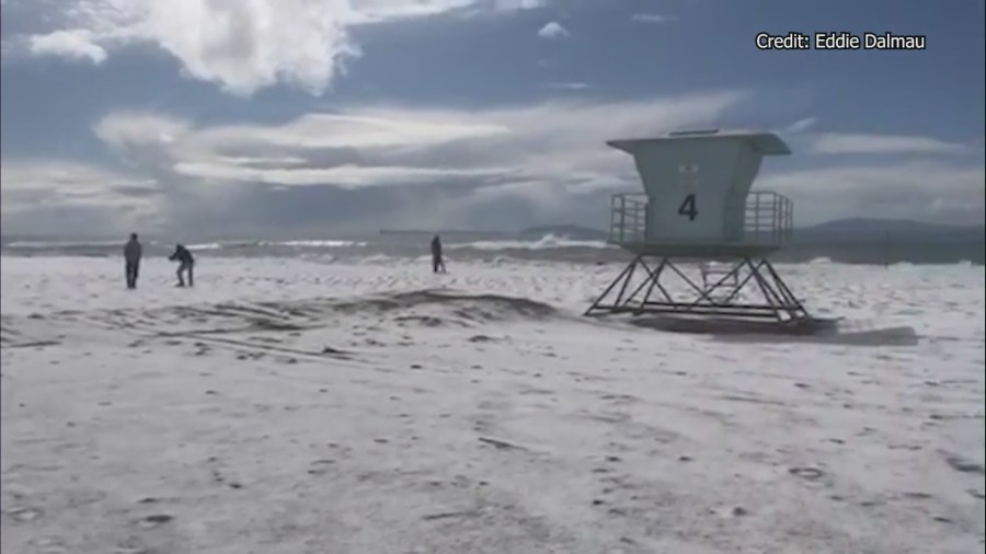 Snow at Hollywood Beach in Oxnard, California.