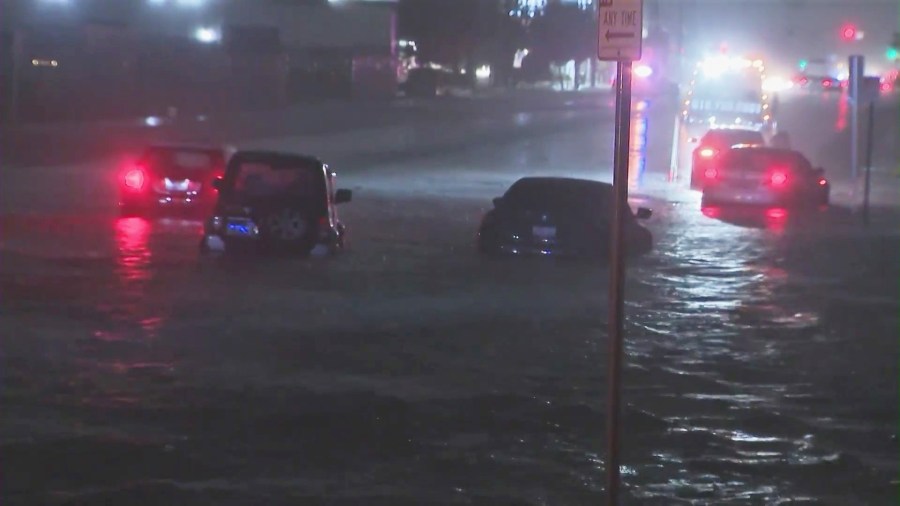 Streets flooded from a historic storm pummeling SoCal this weekend. (KTLA)